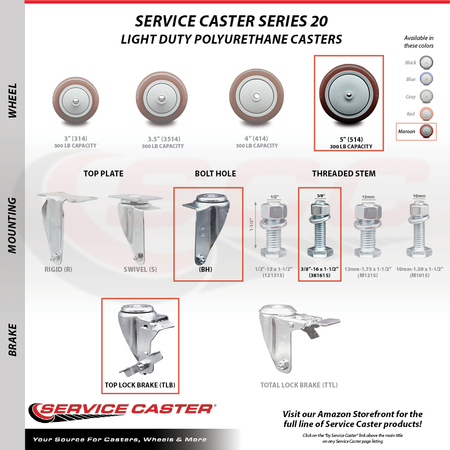 Service Caster 5 Inch Maroon Polyurethane Wheel Swivel 3/8 Inch Threaded Stem Caster with Brake SCC-TS20S514-PPUB-MRN-TLB-381615